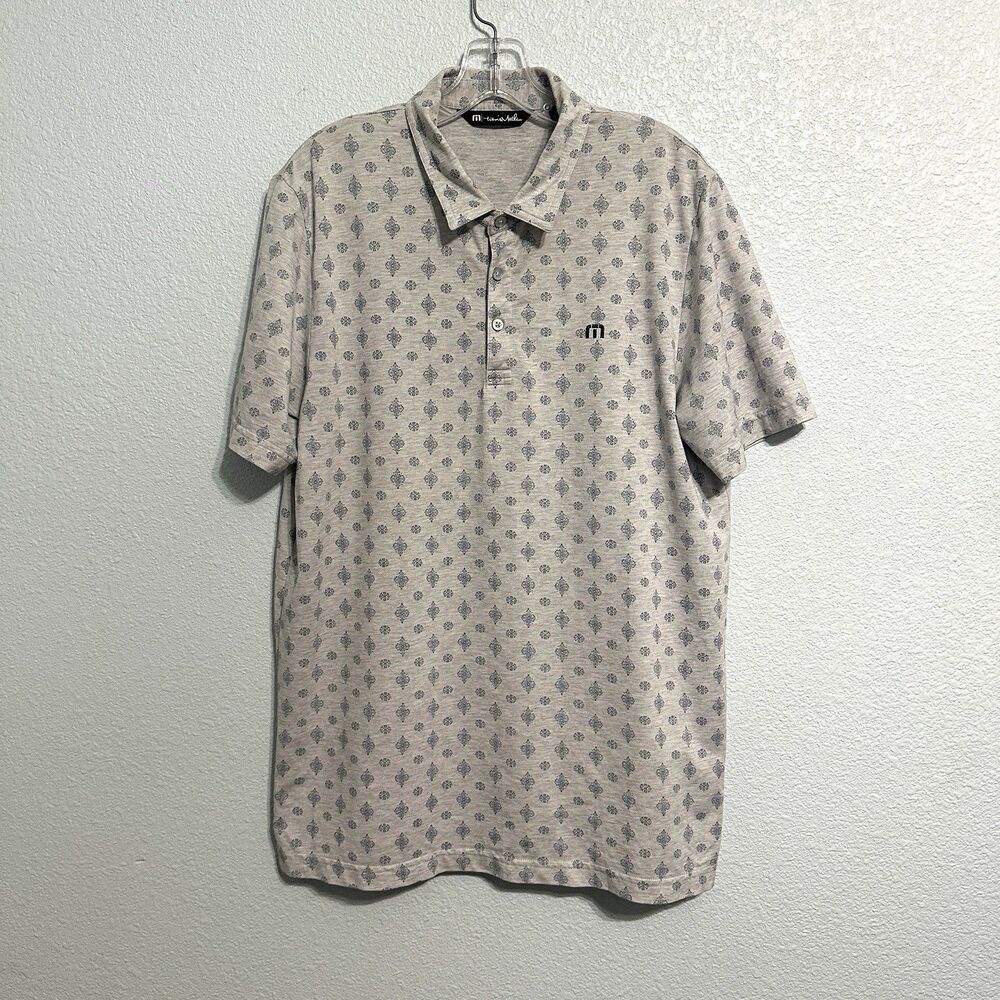 Travis Mathew Polo Shirt Mens Size Large Gray Blue Geometric Print